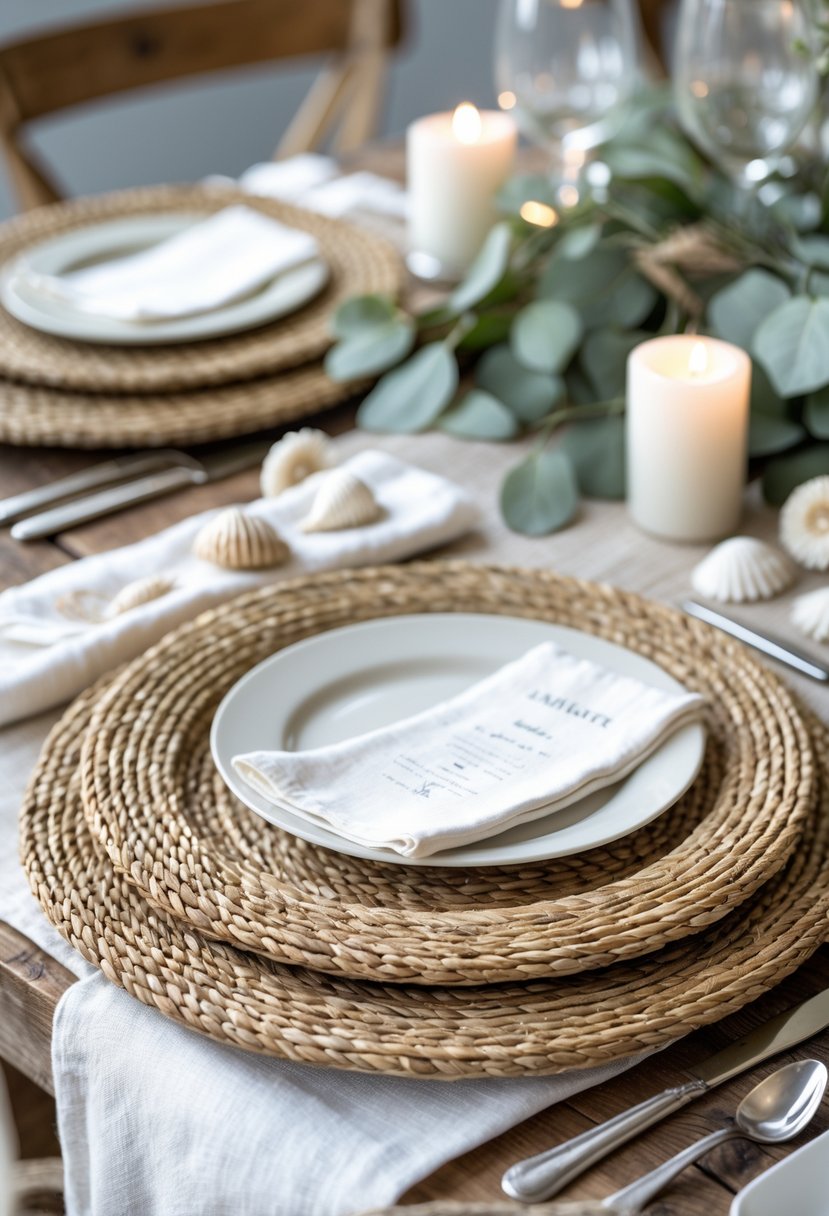 Table set with seagrass woven charger plates, white napkins, seashells, and greenery on a wooden surface.