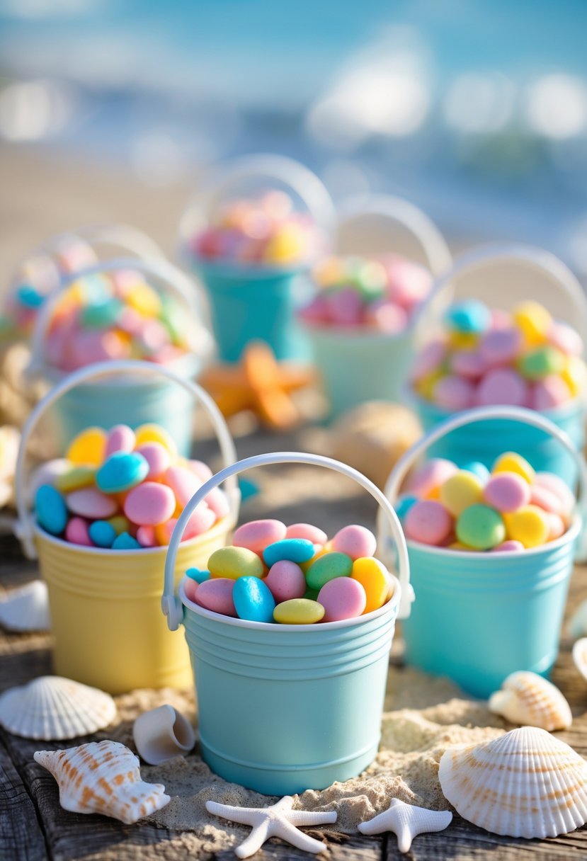 Mini beach buckets filled with candy arranged on a wooden table with seashells and sand, suggesting a coastal wedding decoration.