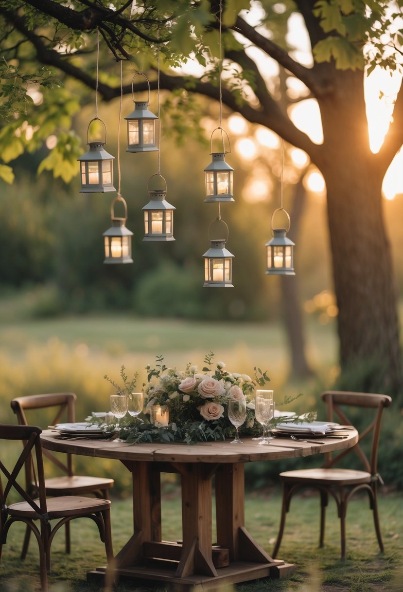 Mini lanterns hanging from tree branches above a round wooden table decorated with greenery and flowers outdoors.