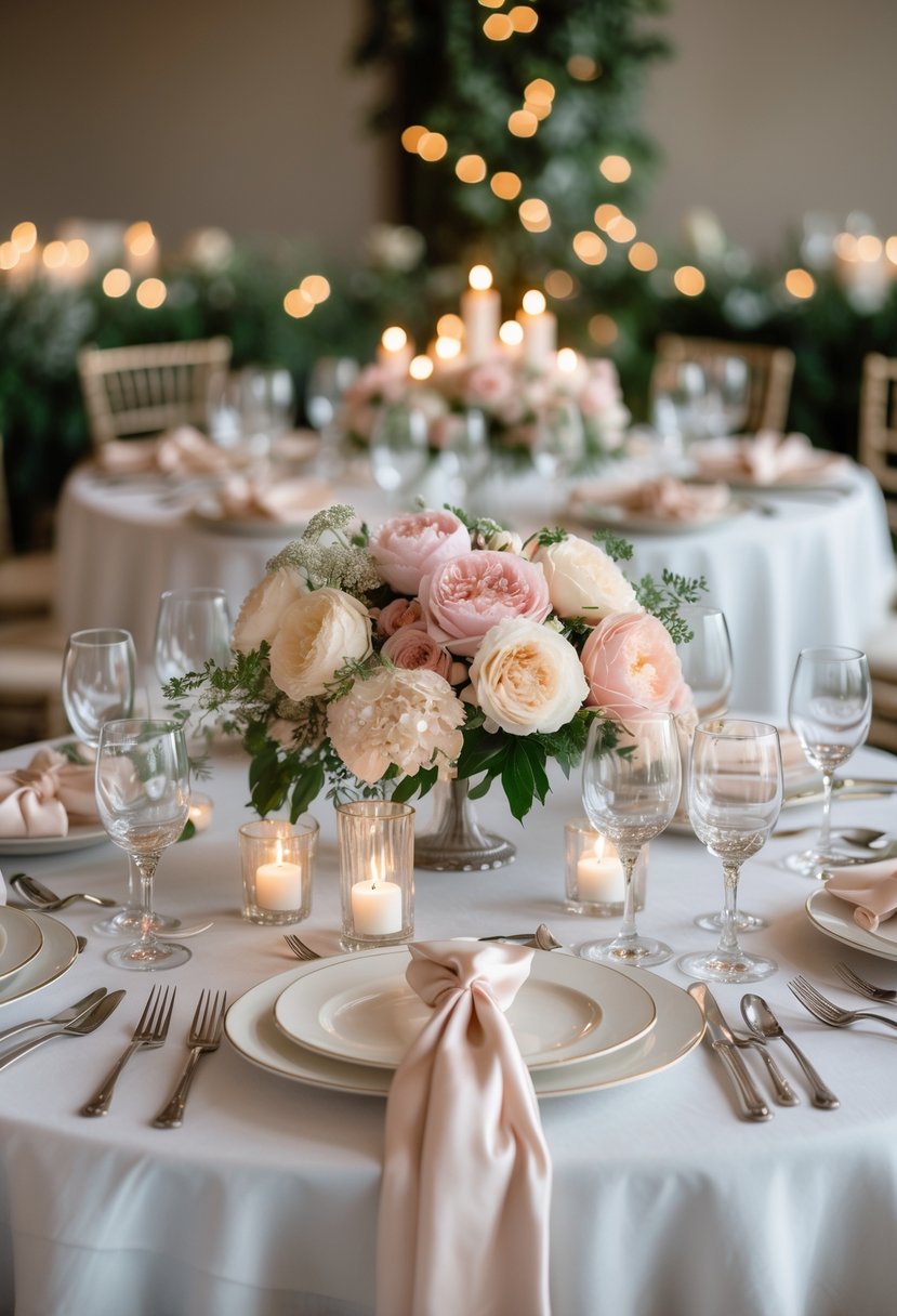 A round wedding table decorated with flowers, candles, plates, and glasses in a softly lit setting.