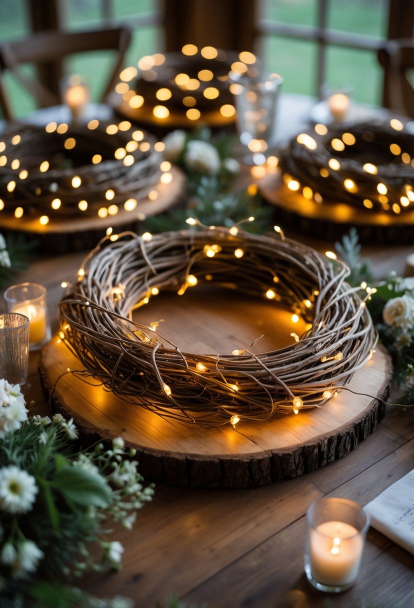 A rustic round wedding table decorated with natural twig wreaths wrapped in warm fairy lights and surrounded by small flowers and candles.