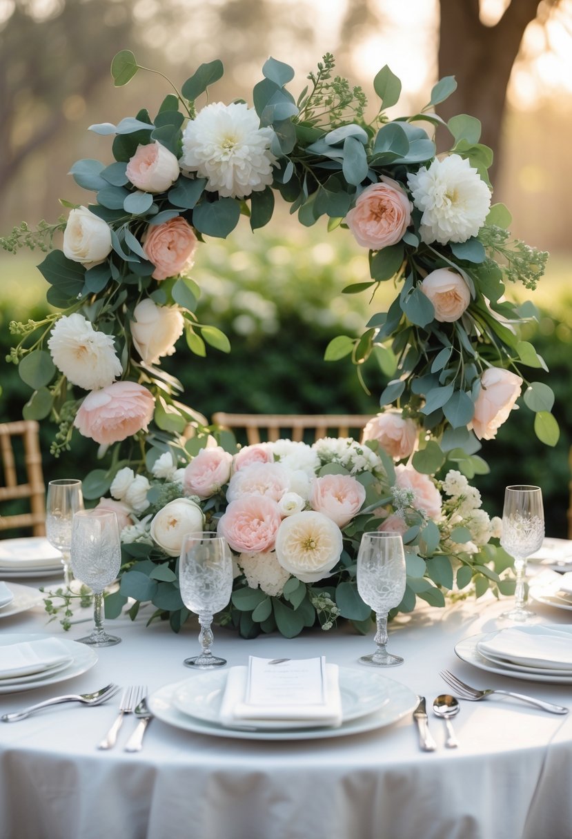 A round wedding table with a floral wreath centerpiece surrounded by plates, glassware, and cutlery.