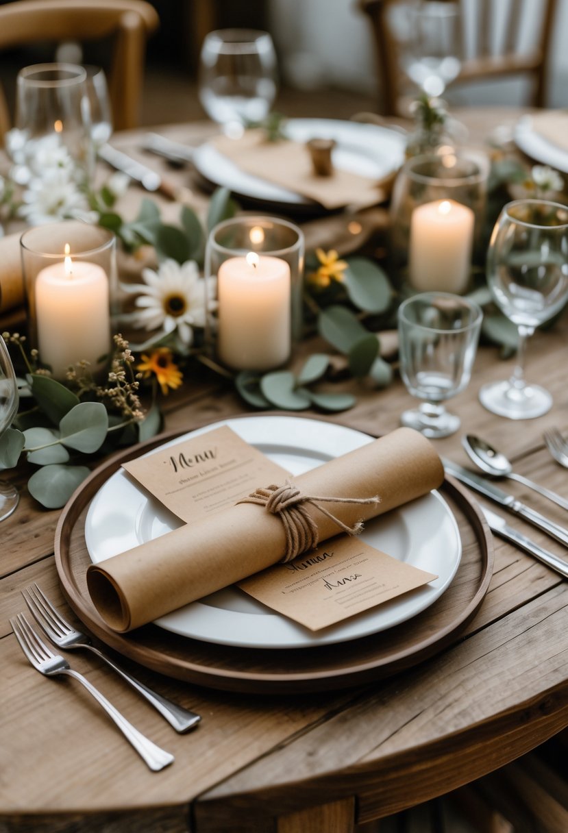 A round wooden wedding table with brown kraft paper menus tied with twine, surrounded by flowers and candles.