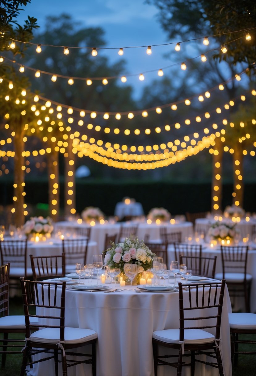 Outdoor wedding reception with round tables decorated for a romantic event and fairy lights hanging overhead.