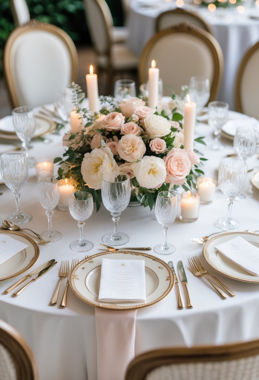 A round wedding table decorated with flowers, candles, fine china, and crystal glasses.