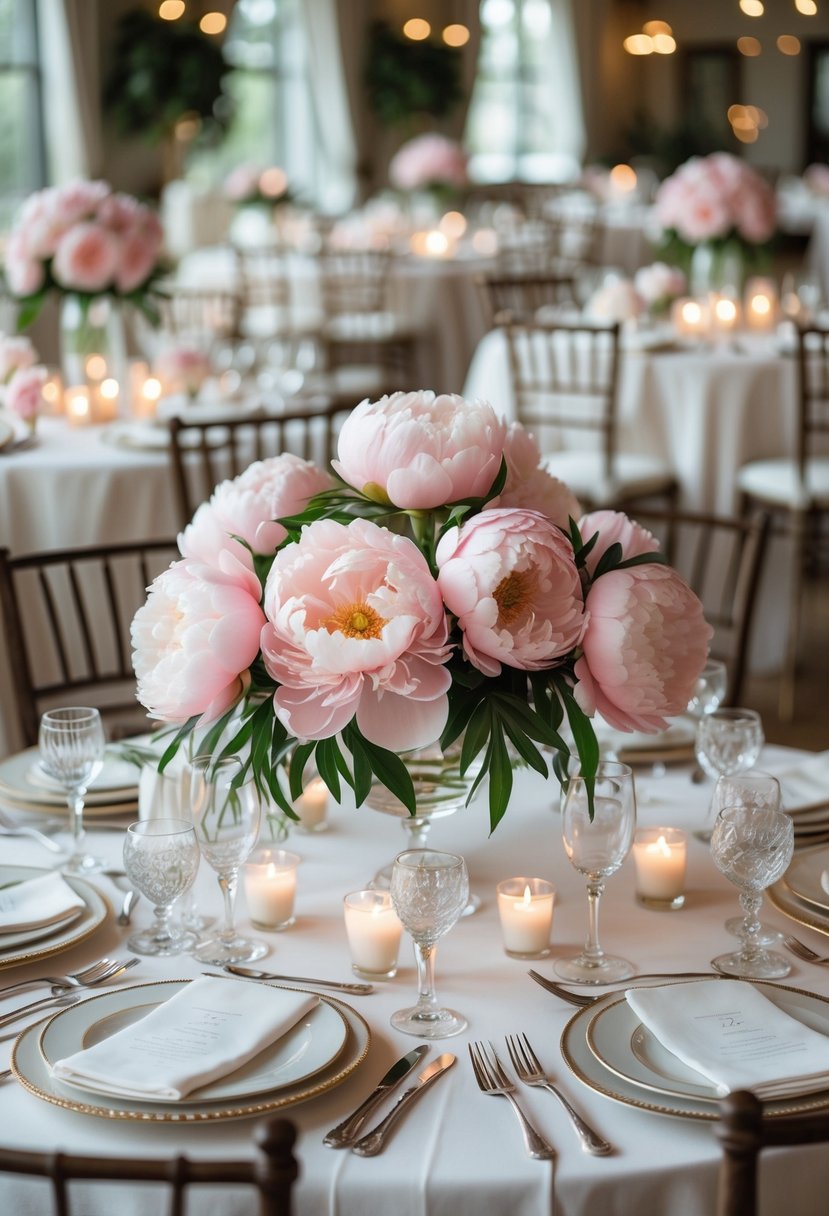 Round wedding tables decorated with blush pink peony bouquets and elegant table settings.