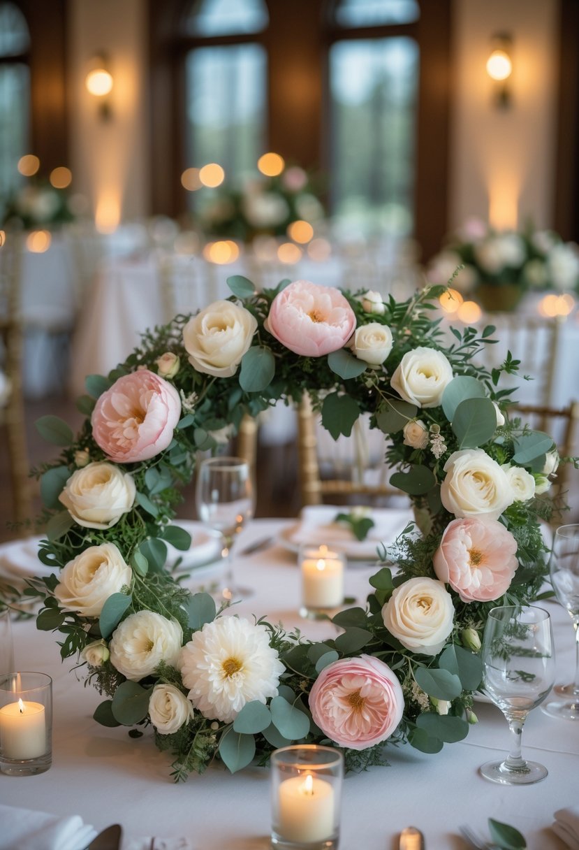 Round floral wreath centerpieces on wedding tables with flowers and greenery, softly lit in a reception setting.