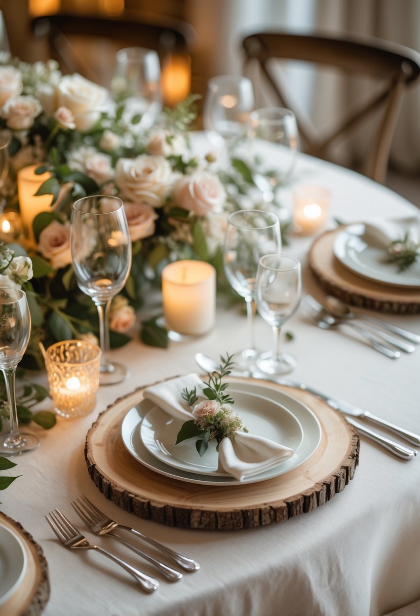 A round wedding table decorated with rustic wooden chargers, floral arrangements, candles, glassware, and silverware.