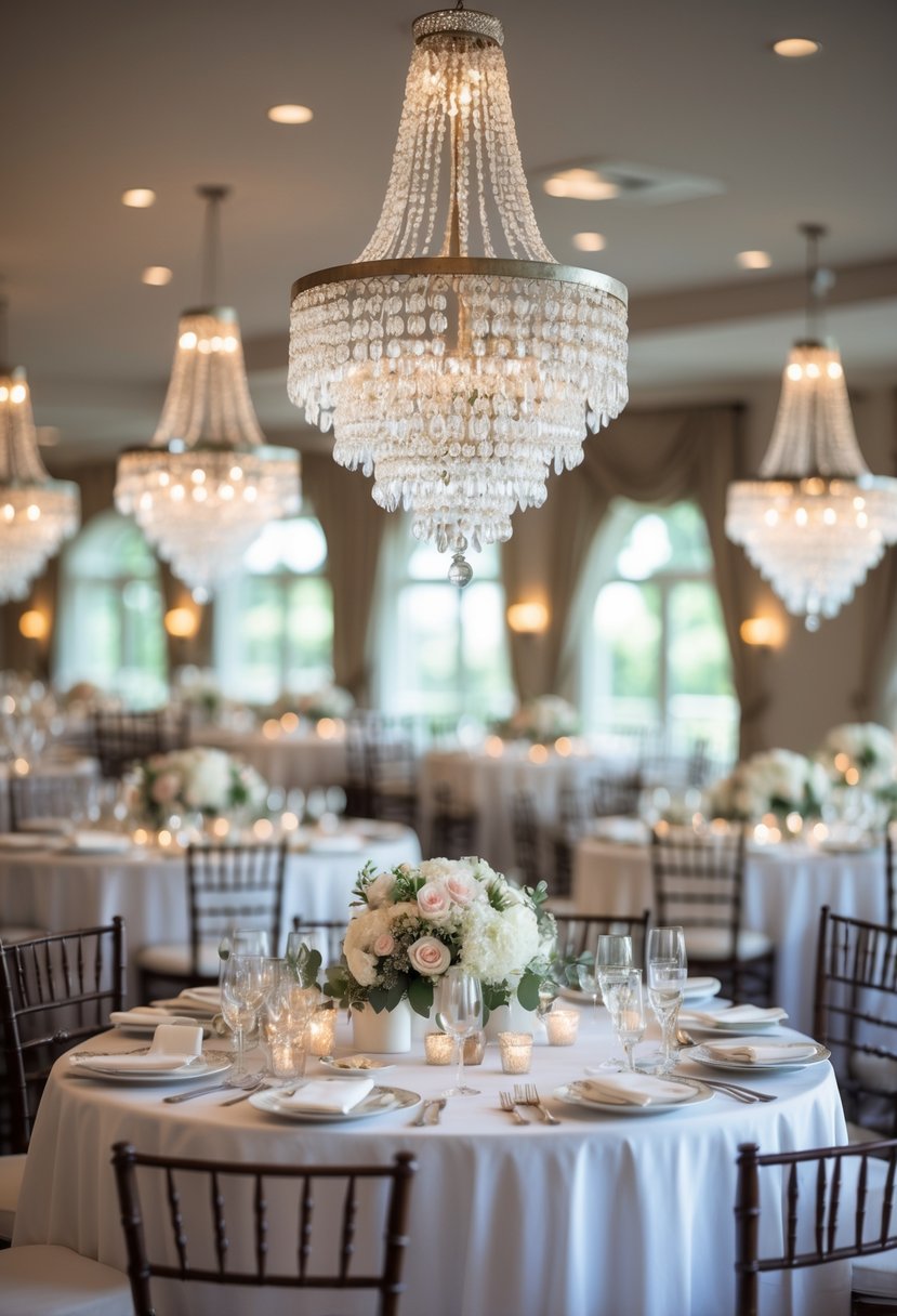 A wedding reception with round tables decorated with flowers and crystal drop chandeliers hanging above.