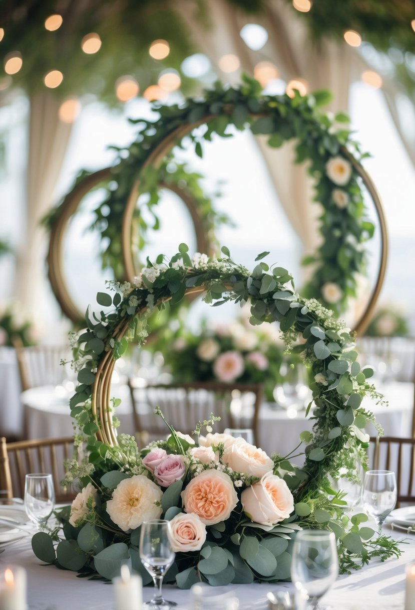 Round wedding tables decorated with floral hoop centerpieces featuring cascading greenery and pastel flowers.