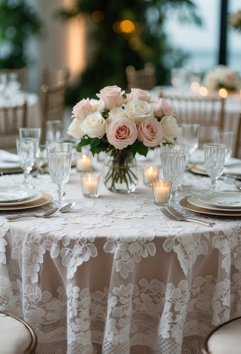 A round wedding table decorated with delicate white lace overlays, floral centerpiece, candles, and elegant table settings.