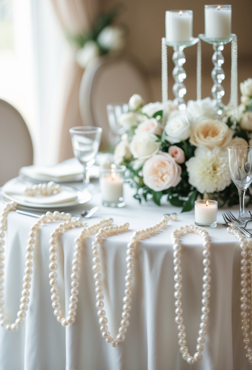 A round wedding table decorated with pearl bead garlands, candles, and floral arrangements.