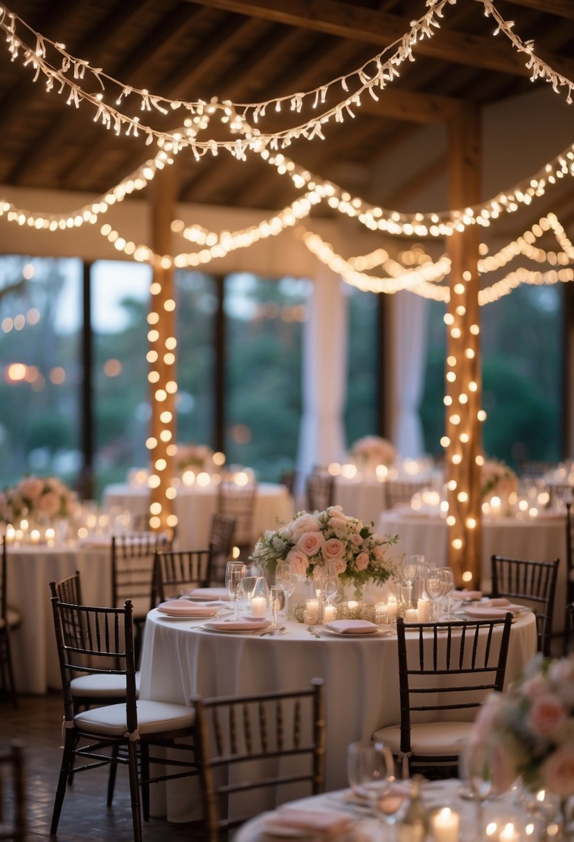 Round wedding tables decorated with delicate fairy light garlands and floral centerpieces in a softly lit venue.