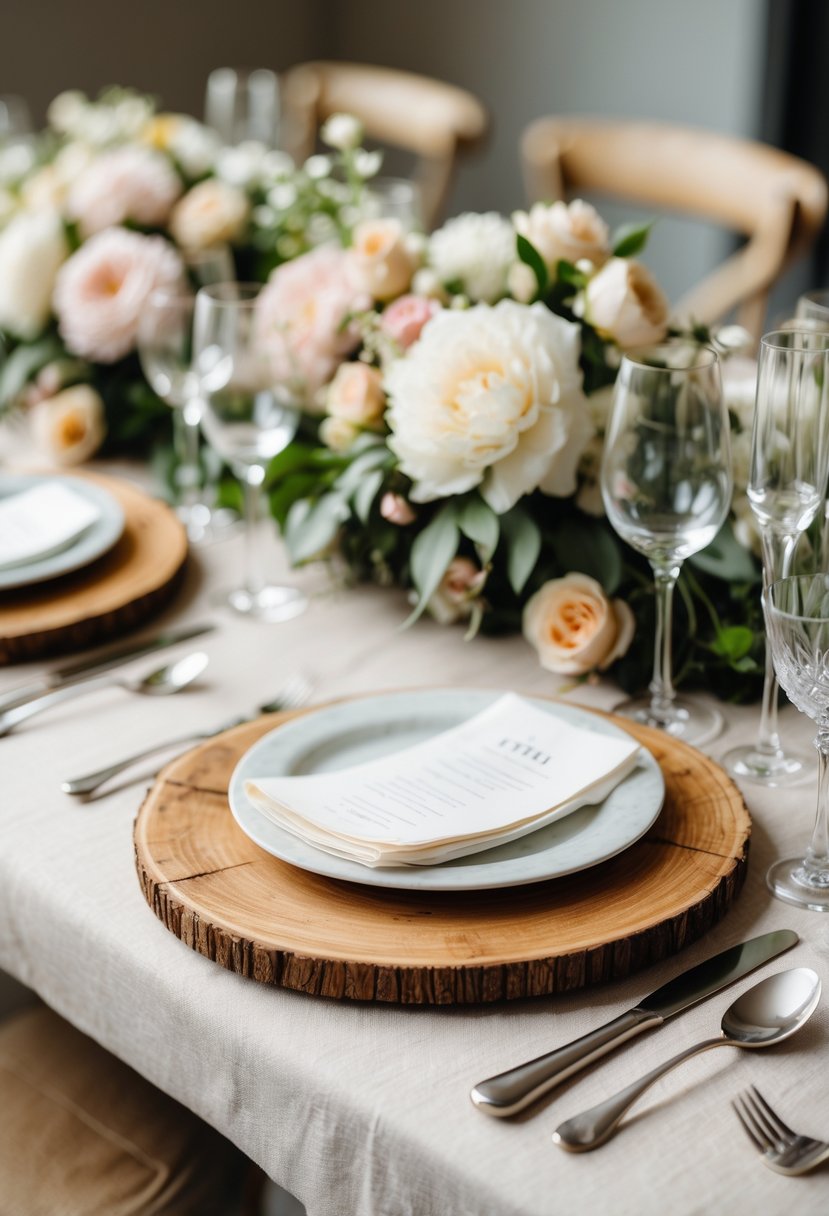 A wedding table set with round wooden charger plates, floral arrangements, wine glasses, silverware, and white plates on a linen tablecloth.