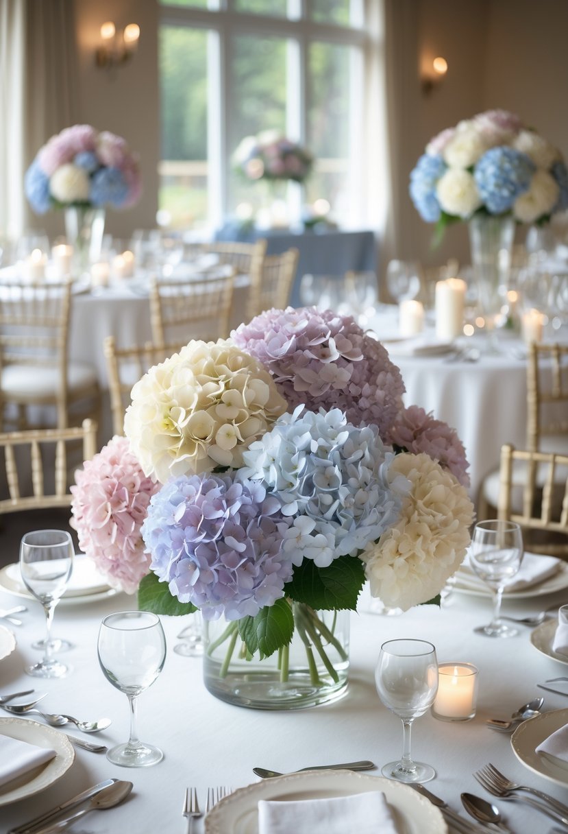 Round wedding tables decorated with soft pastel hydrangea bouquets and elegant table settings.