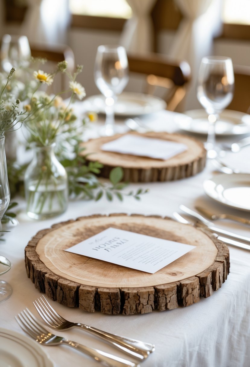 A wedding table set with round wooden slice chargers, white plates, silver cutlery, clear glasses, and small floral arrangements on a white tablecloth.