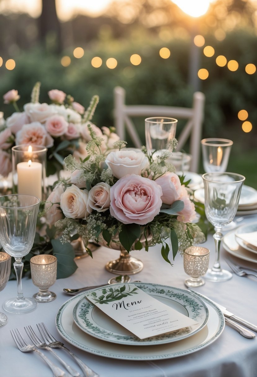 A round wedding table decorated with flowers, glassware, plates, cutlery, candles, and handwritten menu cards in an outdoor setting.