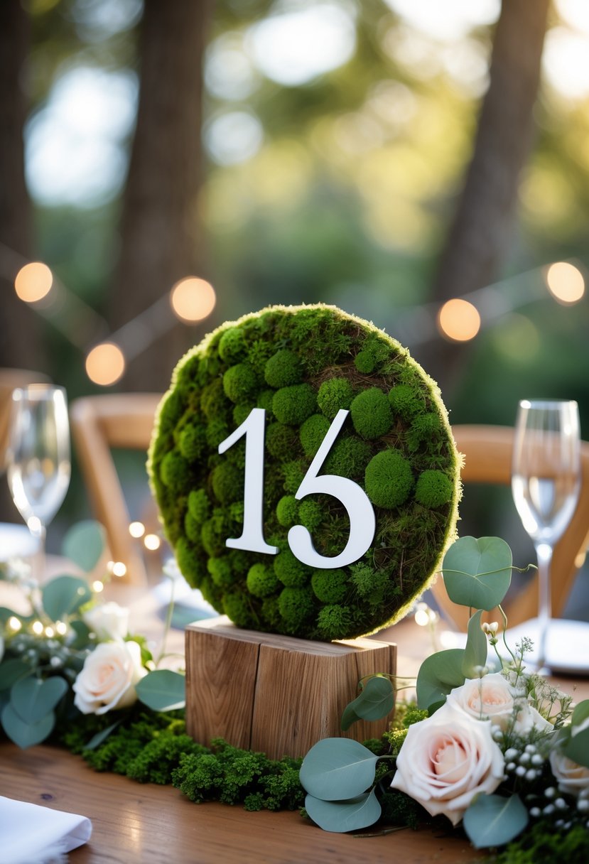 Round moss-covered table numbers as wedding decorations on a wooden table surrounded by flowers and greenery in an outdoor setting.