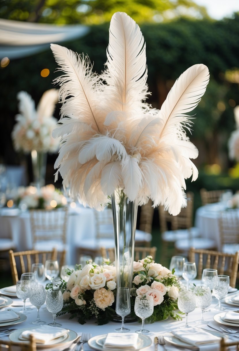 A round wedding table decorated with tall feather centerpieces, fine table settings, and floral arrangements.
