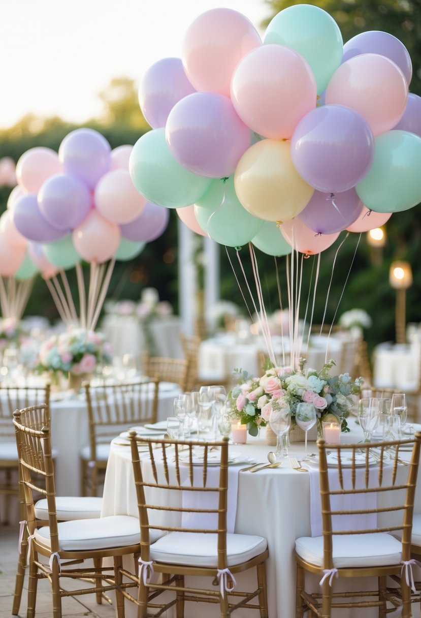 Round wedding tables with pastel balloon bouquets tied to chairs and floral centerpieces in a bright, outdoor setting.