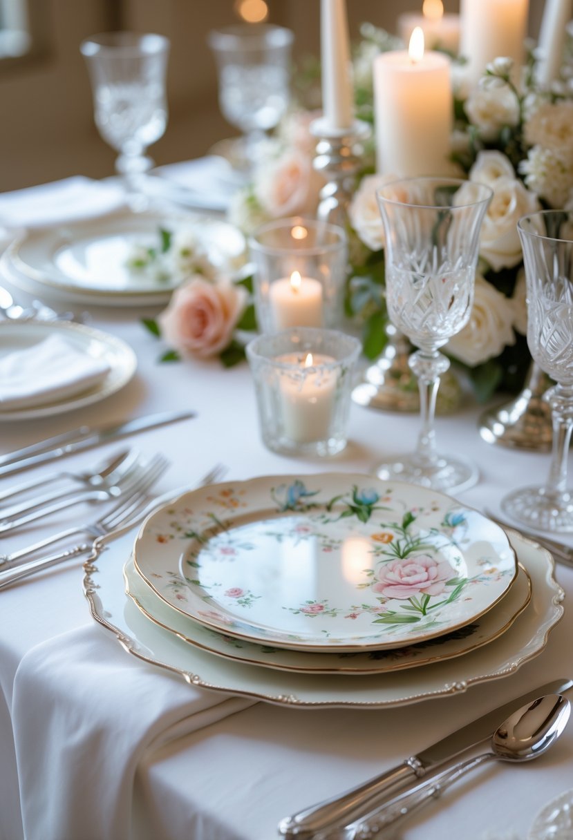 A wedding table set with round hand-painted ceramic plates, silver cutlery, crystal glasses, and floral centerpieces on a white tablecloth.