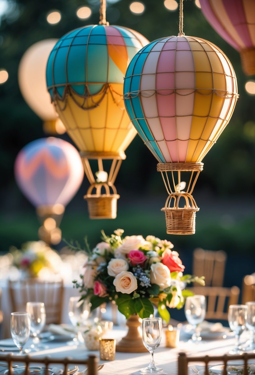 A round wedding table decorated with miniature colorful hot air balloon models as centerpieces, surrounded by plates, glasses, and flowers.