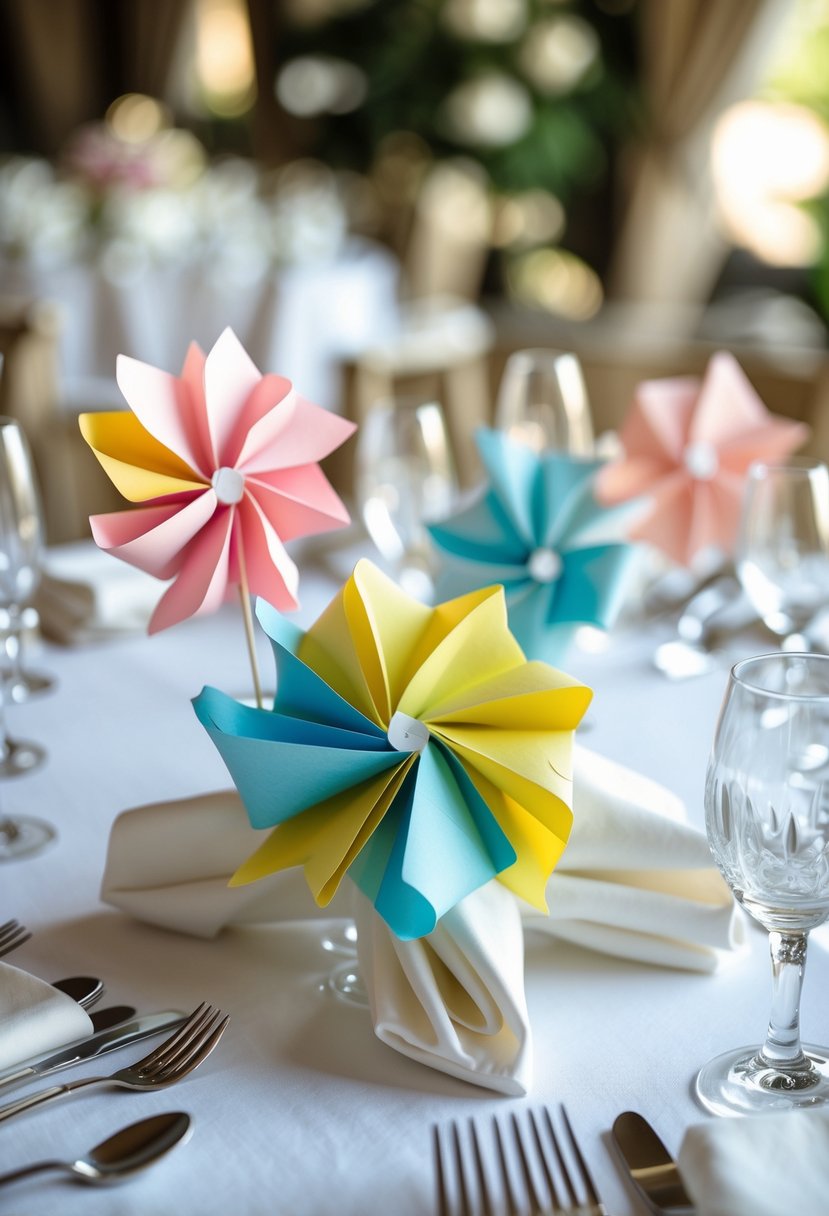 Round wedding table with paper pinwheel decorations attached to napkins and elegant table settings.