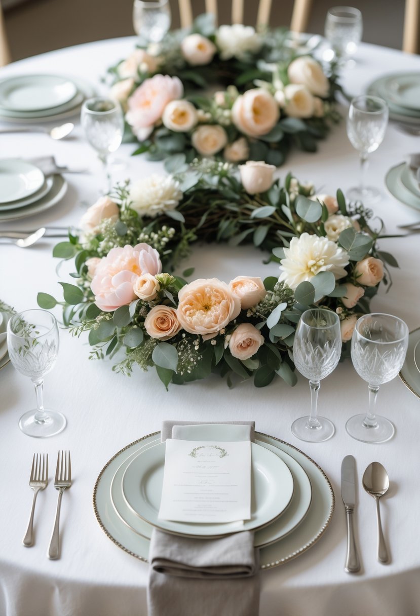 A round wedding table with an elegant floral wreath centerpiece surrounded by plates, silverware, and glasses.