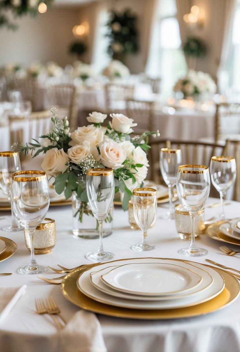 A wedding table decorated with gold-rimmed glassware, floral centerpieces, and white linens in a softly lit venue.