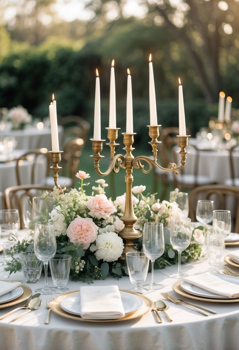 A round wedding table decorated with vintage brass candelabras, flowers, candles, and table settings.
