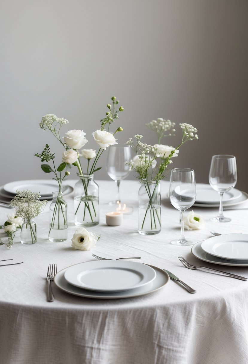 A round wedding table covered with a white linen tablecloth and decorated with small floral arrangements and simple tableware.