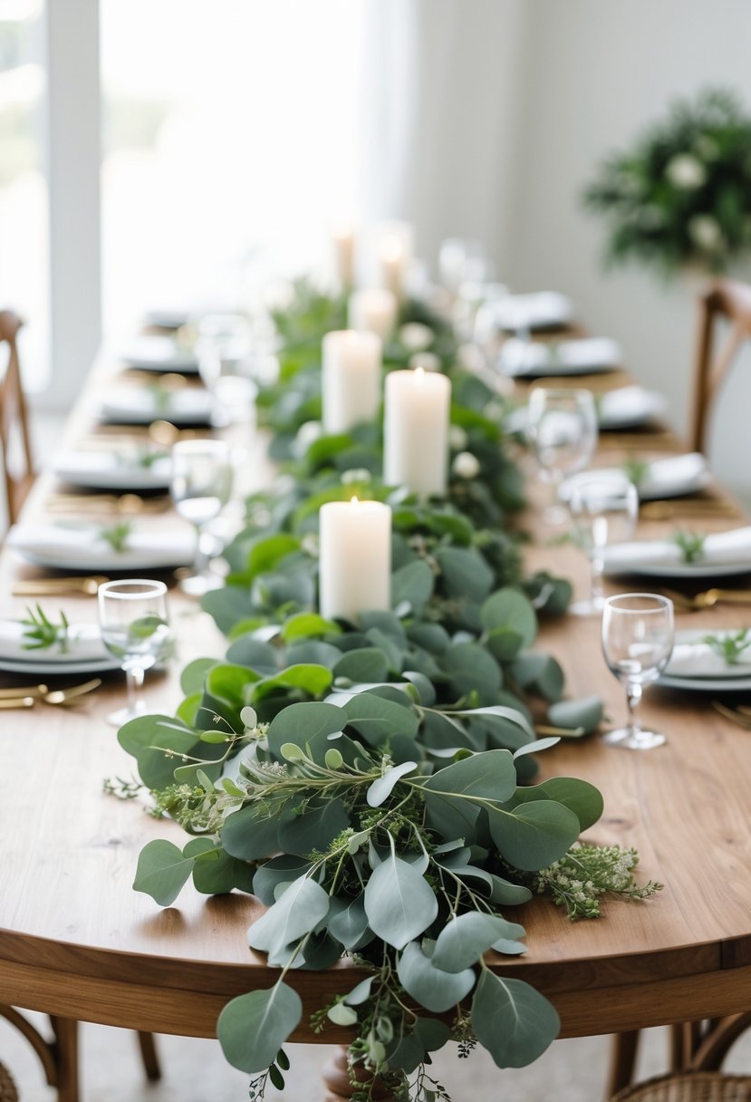 Round wedding table decorated with eucalyptus garland runners, white candles, and white flowers.
