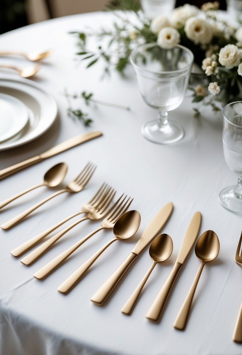 A round wedding table set with matte gold flatware, white tablecloth, small white flowers, and clear glassware.