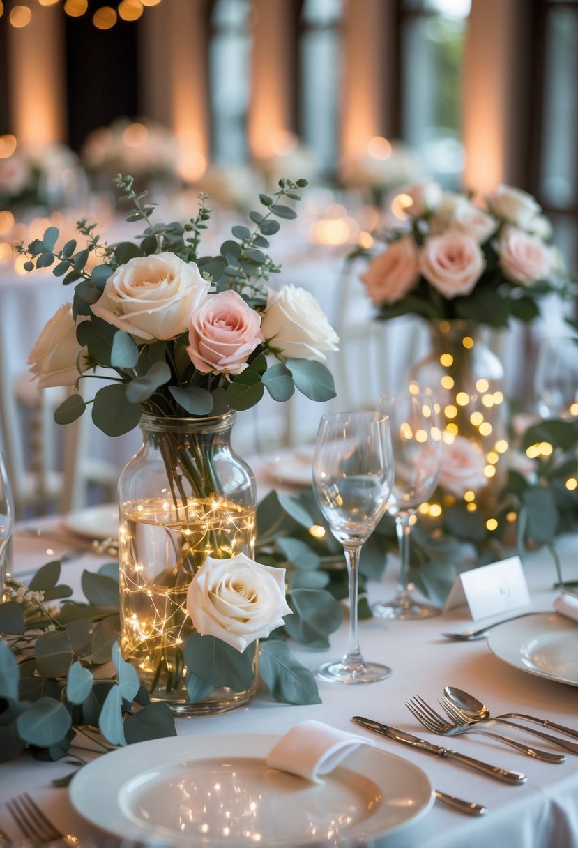 A round wedding table decorated with fairy lights, floral arrangements, and elegant place settings.