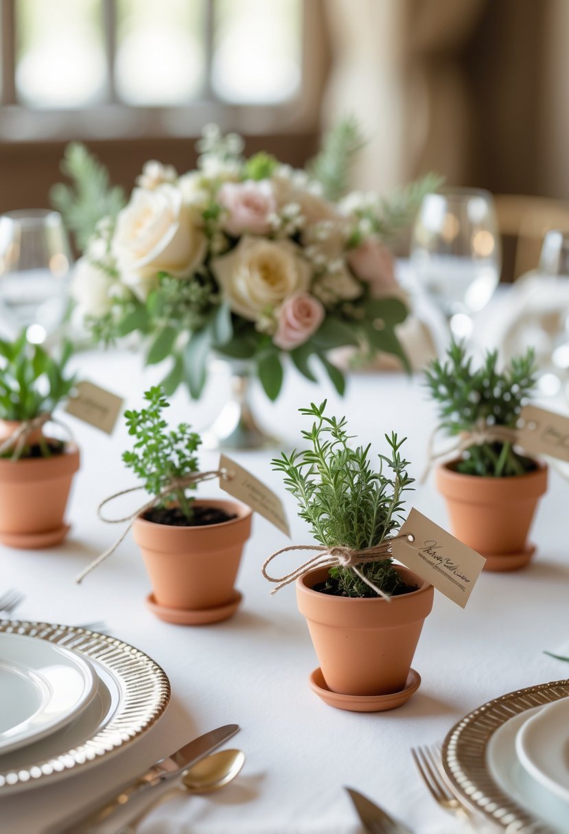 Round wedding table decorated with mini potted herbs as favors and floral arrangements.