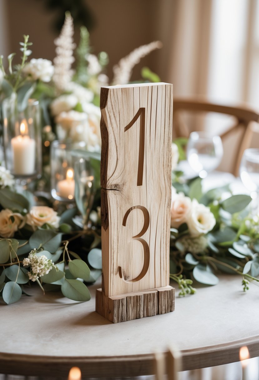 A round wedding table with rustic wooden table numbers surrounded by flowers and greenery.