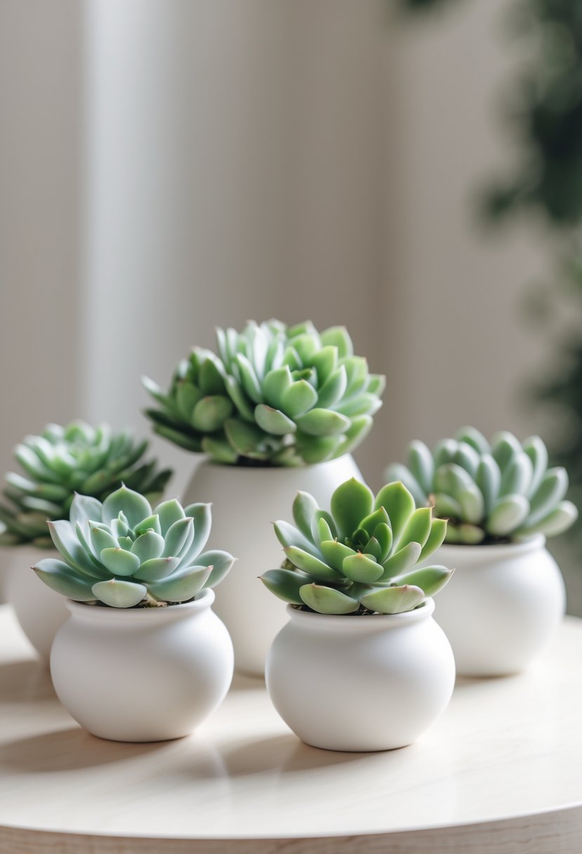 Small green succulent plants in white pots arranged on a round wooden table.