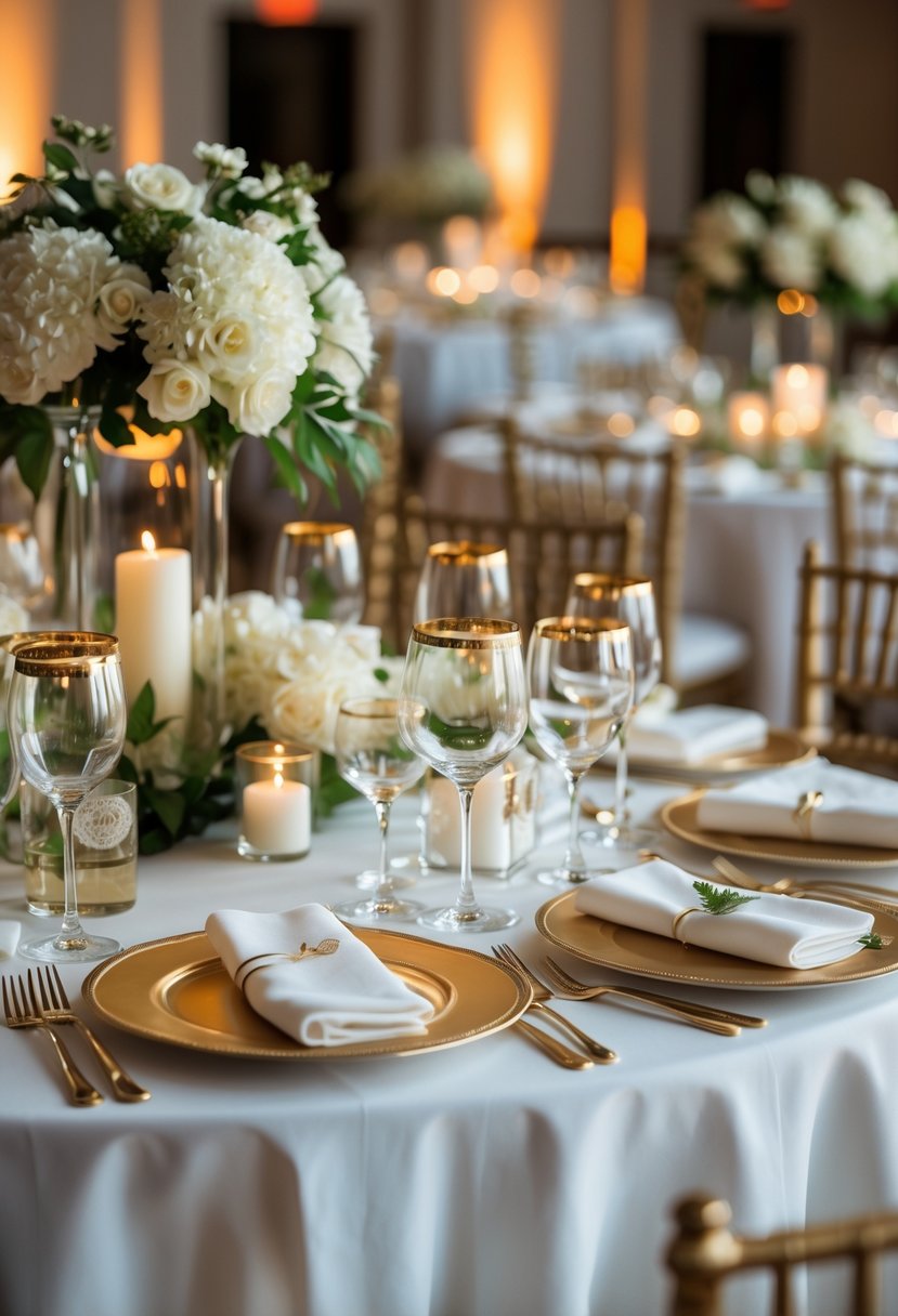 A wedding table set with gold-rimmed glassware, white flowers, candles, and elegant table settings.