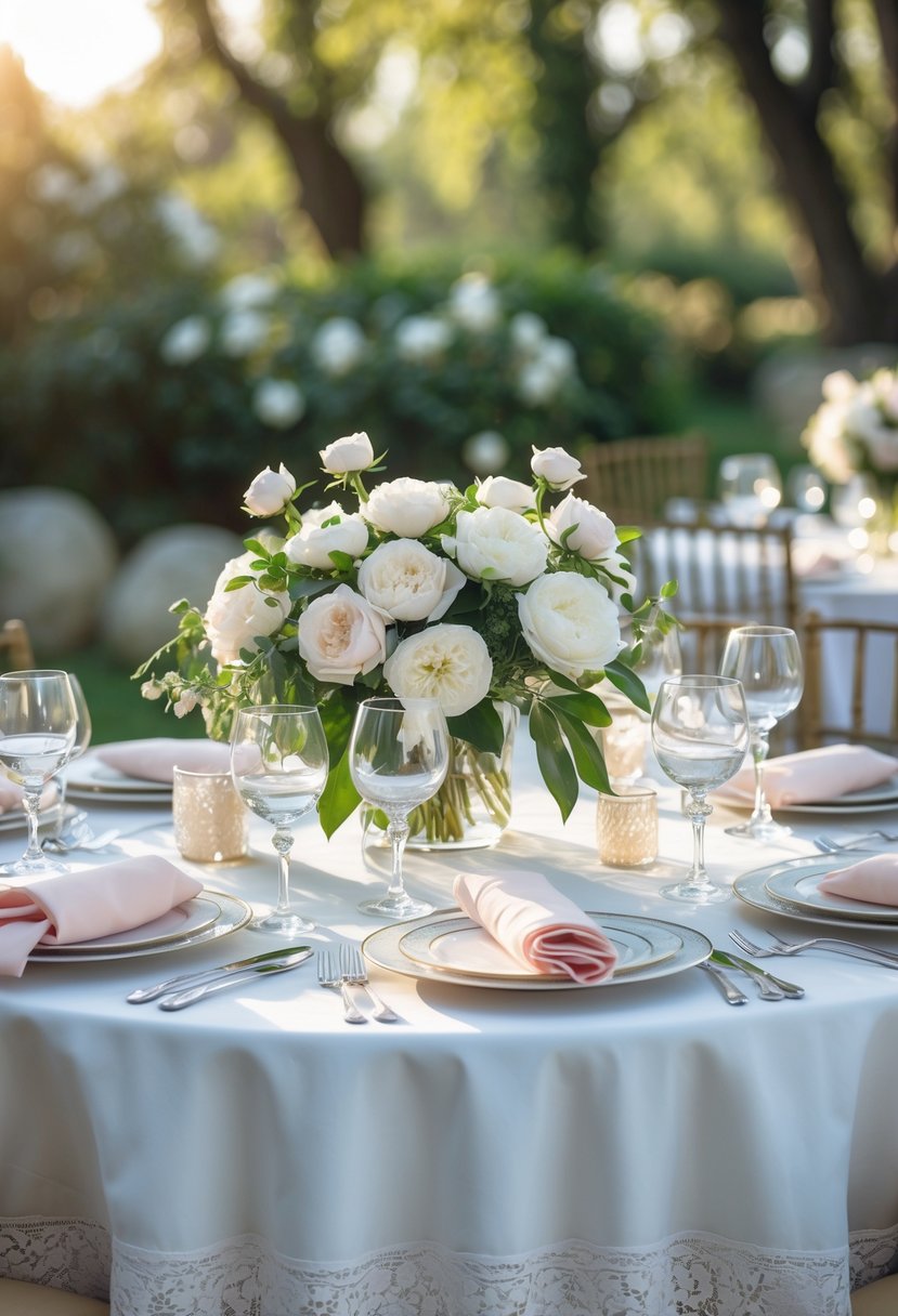 A round wedding table with a lace-trimmed white tablecloth, floral centerpieces, fine china, silverware, and crystal glasses set outdoors in a garden.