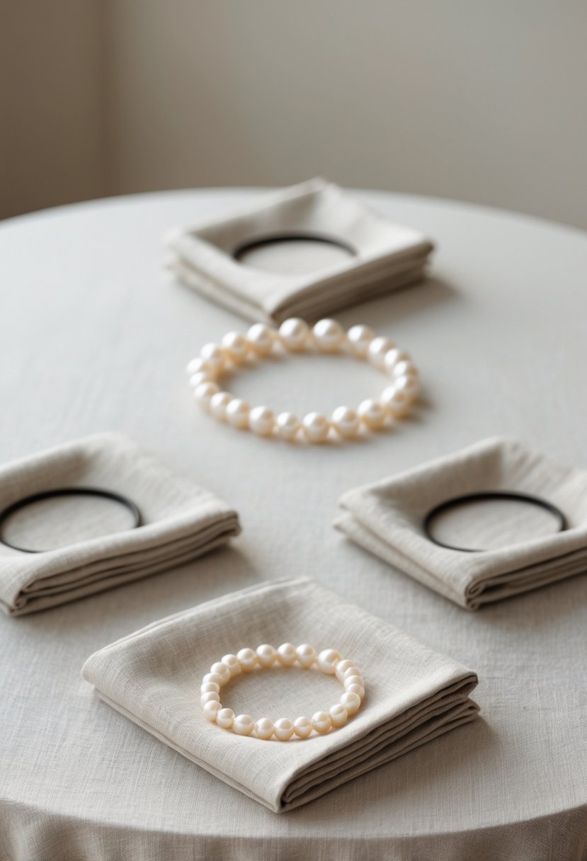 A round wedding table with white napkins held by delicate pearl napkin rings on a neutral-colored tablecloth.