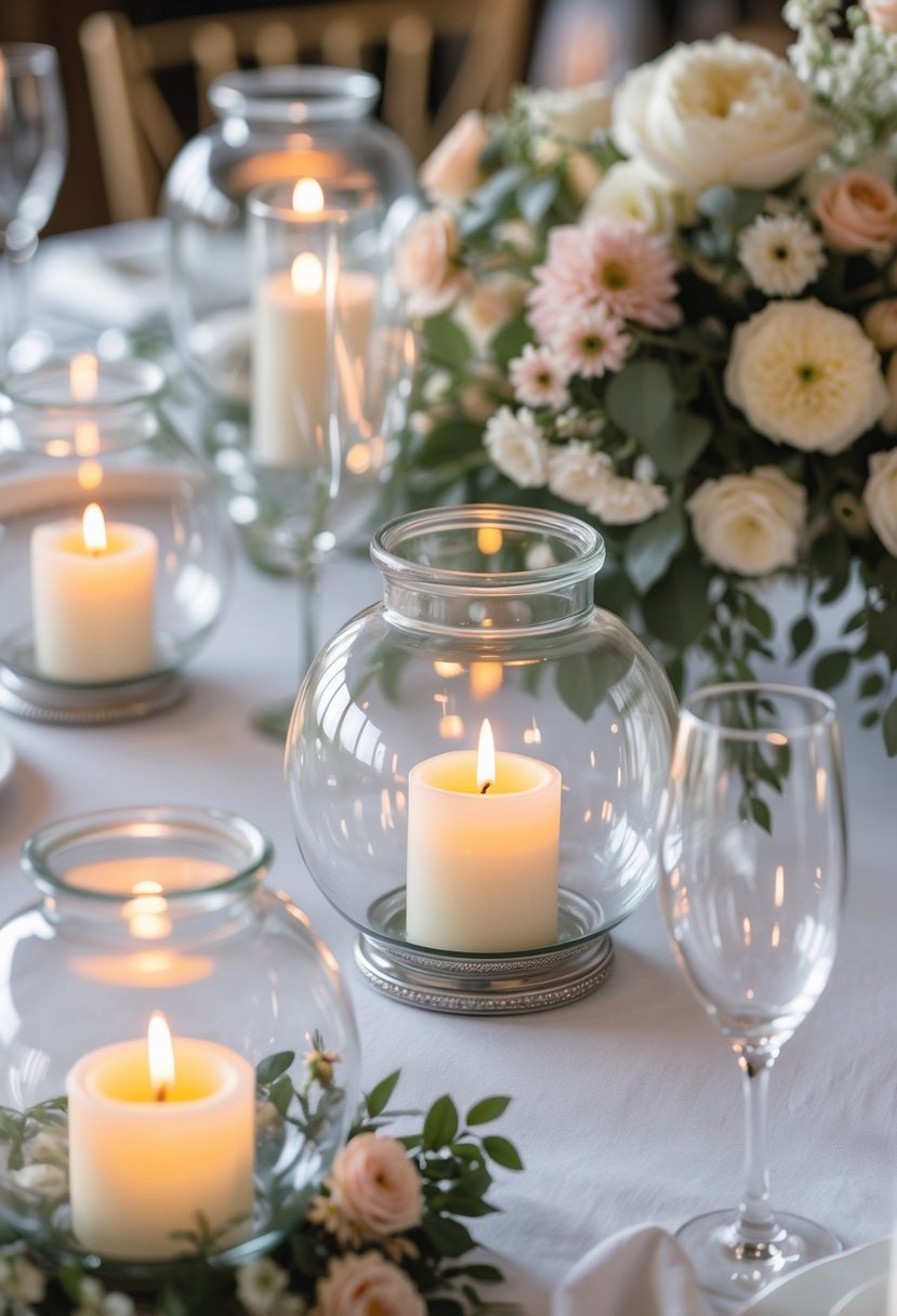 A round wedding table decorated with glass hurricane lanterns holding lit candles and surrounded by flowers.