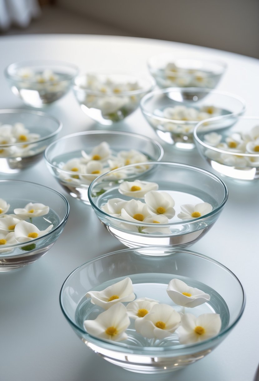 Low-clear glass bowls with floating white petals arranged on a round wedding table.