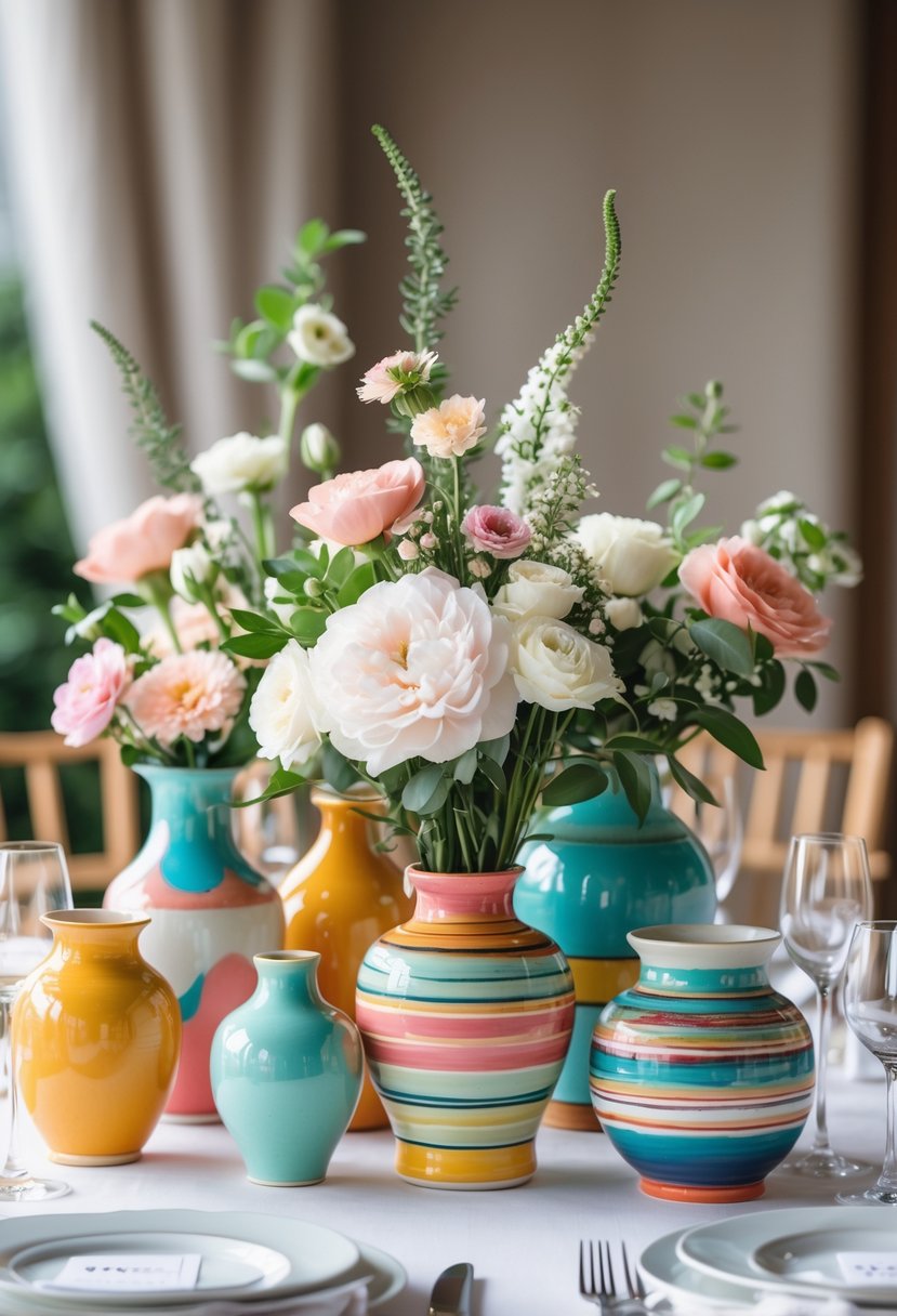 A round wedding table decorated with colorful ceramic vases filled with fresh flowers.