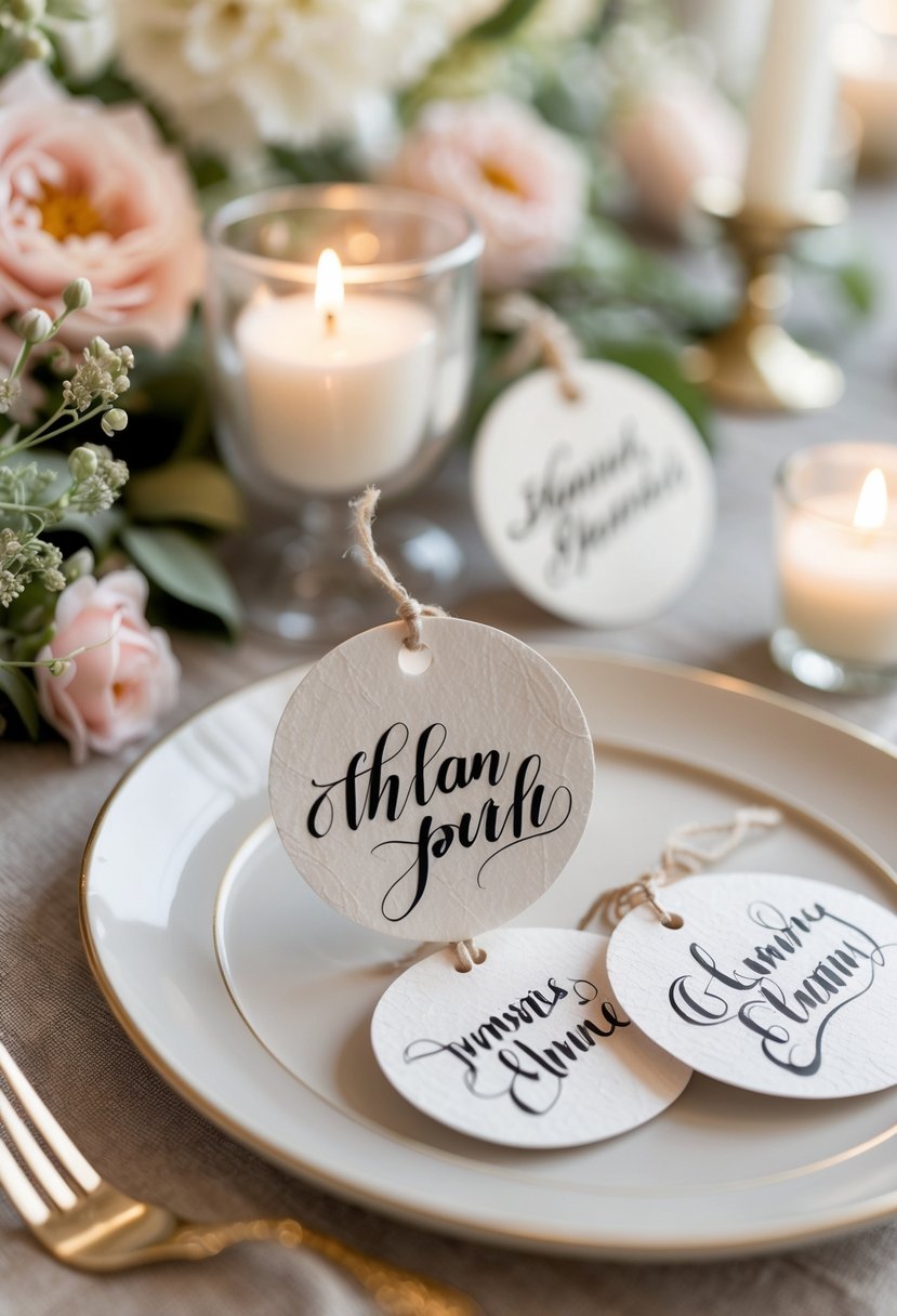 A wedding table with round calligraphy name tags surrounded by flowers and candles.