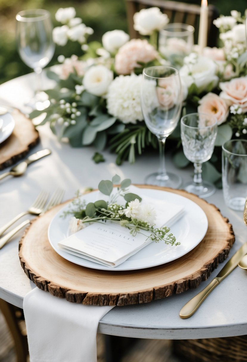 Round wedding table with natural wood slab chargers, floral arrangements, and glassware set outdoors.