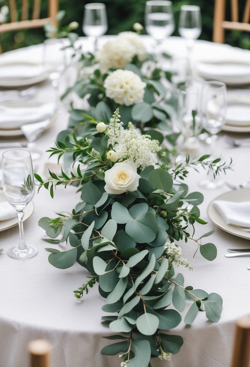 A round wedding table decorated with fresh eucalyptus sprigs and white flowers in glass vases.