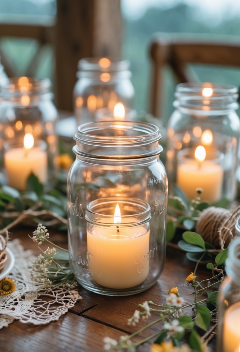 A wedding table decorated with lit mason jar candle holders surrounded by greenery and flowers.