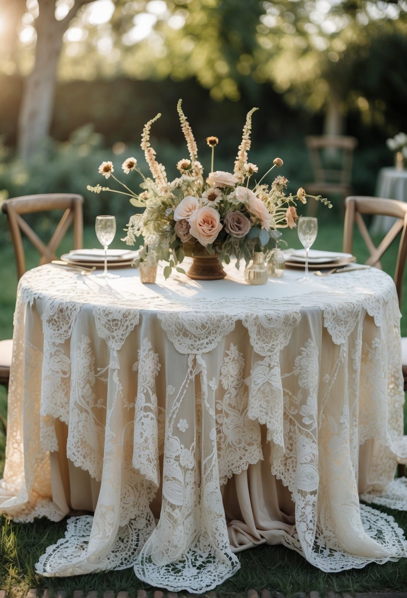 Round wedding table outdoors with lace tablecloth and floral centerpiece surrounded by wooden chairs.