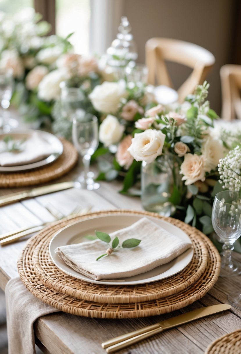 A wedding table with round woven rattan chargers, white and blush flowers, greenery, and linen napkins on a wooden surface.