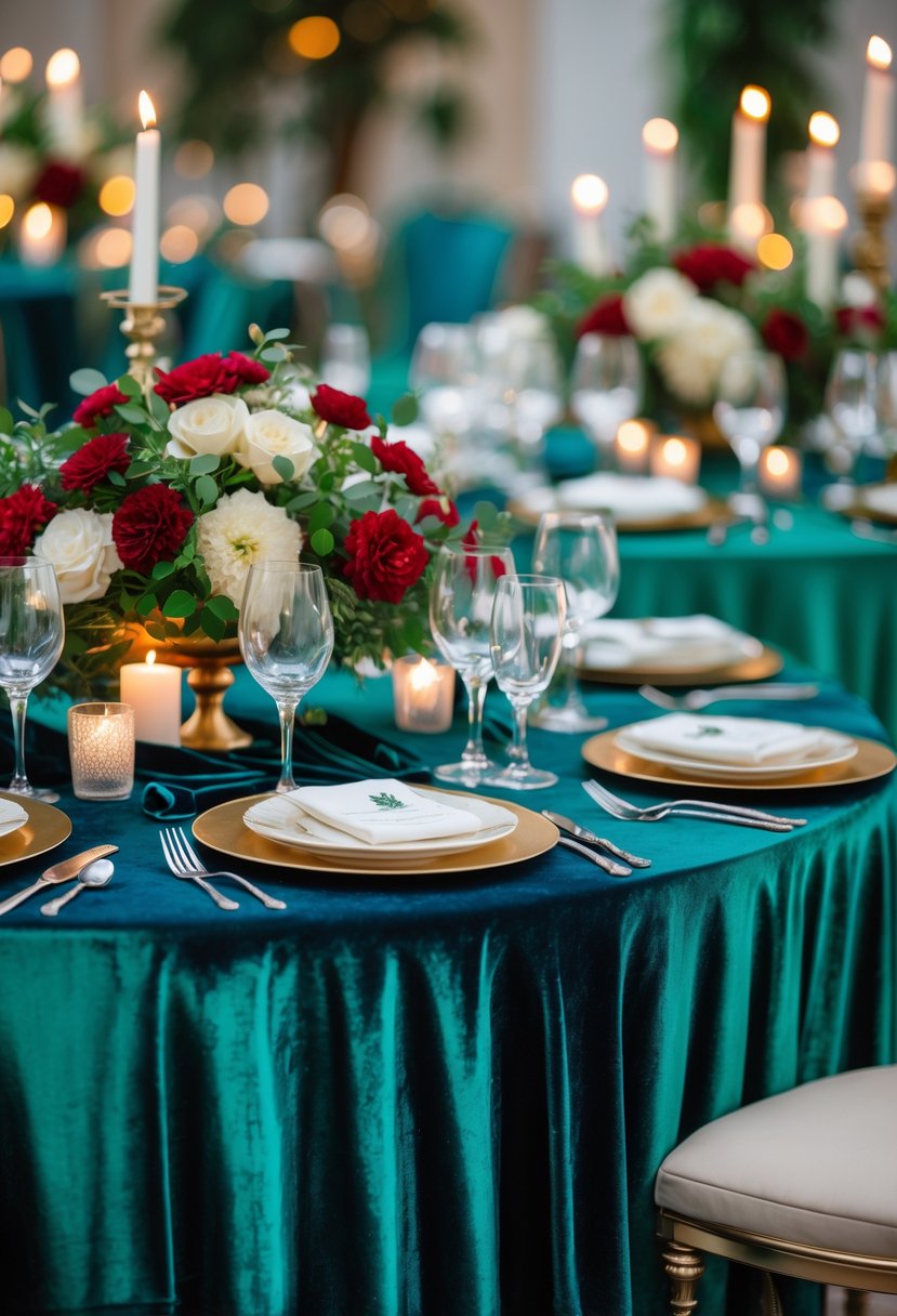 A round wedding table decorated with deep jewel-toned velvet runners, floral centerpieces, candles, and elegant table settings.